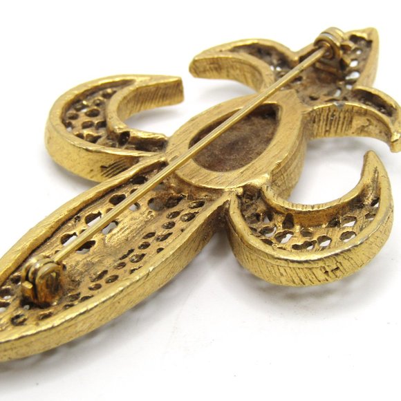 Vintage Fleur De Lis Brooch Gold Tone Amber Glass Stone - Picture 4 of 4